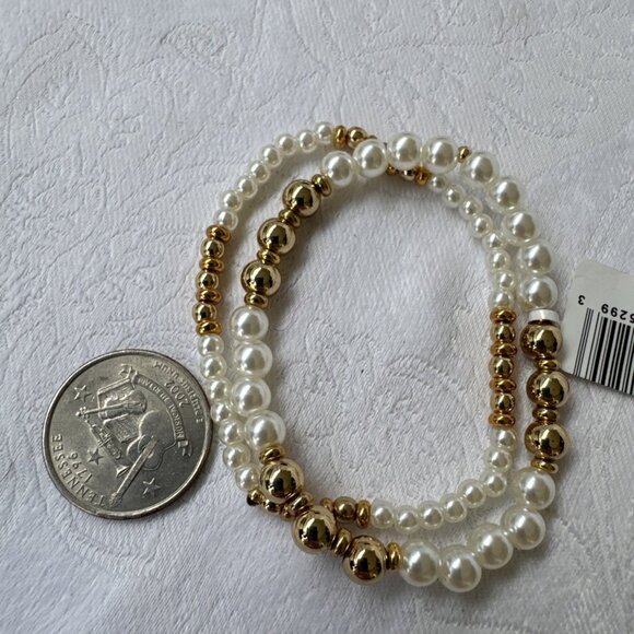 Aqua Pearl Goldtone 2 Pc Stretch Stackable Bracelet 14K Plated NWT $80 - Picture 3 of 9